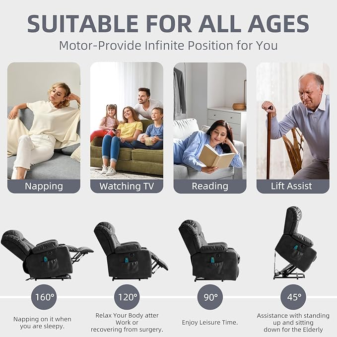 Power Lift Recliner Chair for Elderly Electric Recliner Chairs for Adults with Massage and Heat Cup Holders Remote Control Side Pockets USB Ports Leather (Black)