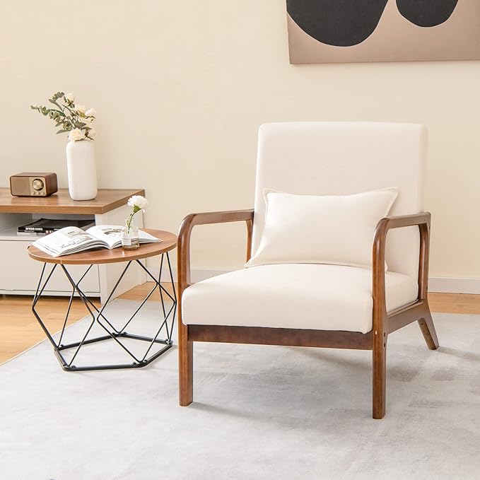 KOTEK Mid Century Modern Accent Chair with Lumbar Pillow Reading Arm Chair with Rubber Wood Frame Upholstered Seat &amp Back Waist Cushion Fabric Lounge Armchair for Living Room Bedroom (2 Beig