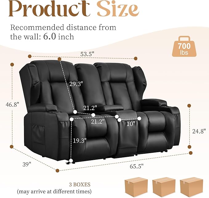 BINGTOO Manual Double Reclining Loveseat Sofa 2-Seater RV Wall Hugger Leather Couch for Living Room &amp Home Theater with Storage Console/Cup Holders/Side Pockets PU Black