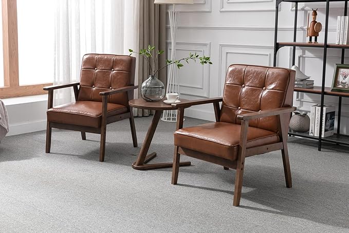 Okeysen Accent Chairs Set of 2 with Side Table Mid Century Modern Accent Chair Retro Wood and Leather Armchairs Side Chair Lounge Reading Comfy Armchair for Living Room Bedroom Office（Brown