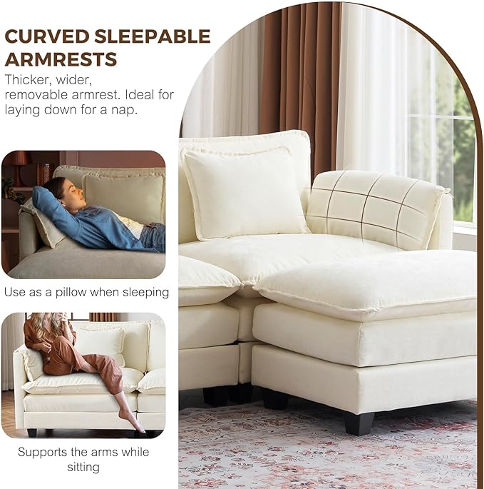ELUCHANG 113 L Shaped Modular Sectional Couch Comfy 4-Seat Cloud Couch with Movable Ottoman Deep Seat Sofa Couches for Living Room Apartment DIY Combination Chenille Beige