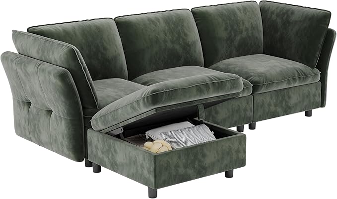 97 Modular L-Shaped Sectional Cloud Couch with Storage Ottoman - Velvet Deep Seating Sofa Set with Pillows Convertible 3-Seater for Living Room Apartment Office (Green)