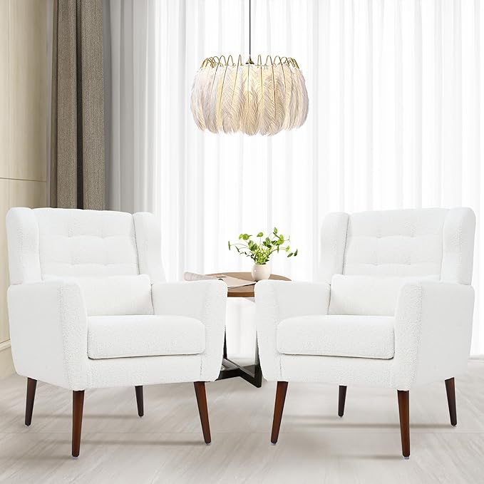 Accent Chair Set of 2 Upholstered Armchair with Pillow Teddy Single Sofa with Lounge Seat and Wood Legs for Living Room Small Spaces