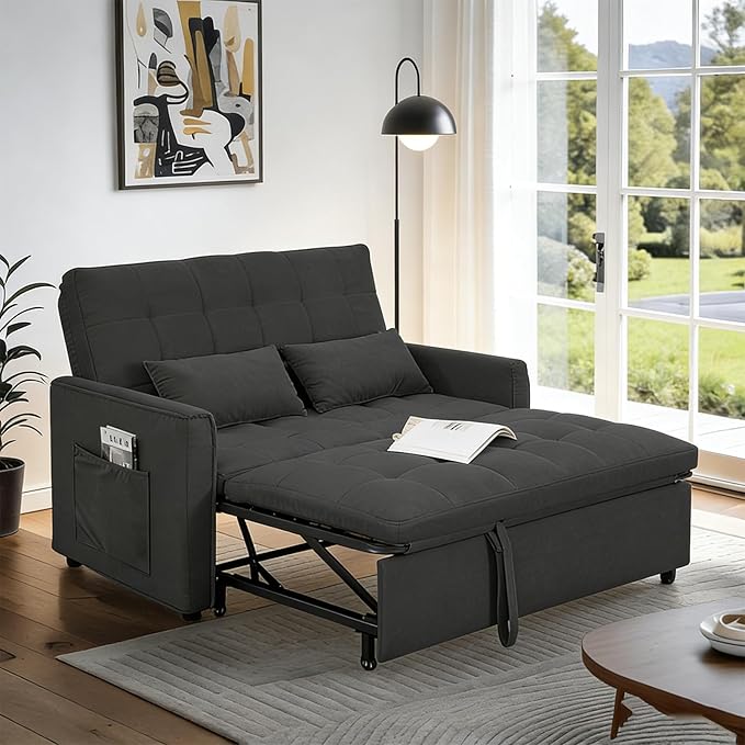 66 Grey Sofa Sleeper Loveseat Sofa Bed Queen Size Pull Out Couch with 2 Pillows Pocket &amp Adjustable Backrest Small Couch Bed for Small Spaces Bedroom Apartment Living Room | Convertible Ad