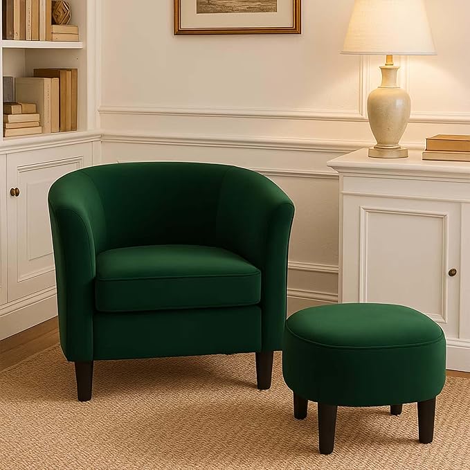 Green Swivel Accent Chair with Ottoman 360° Barrel Chairs with Foot Stool Comfy Reading Chair with Removable Pillow &amp 2 Armrest Covers for Living Room Small Spaces Bedroom (Dark Green)