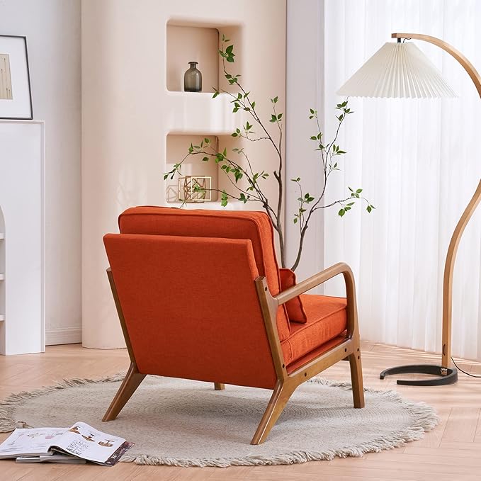 Mid-Century Modern Accent Chair with Throw Pillow Upholstered Fabric Armchair Oak Wood Frame Reading Chair for Living RoomBedroomReadingBalcony (Orange)