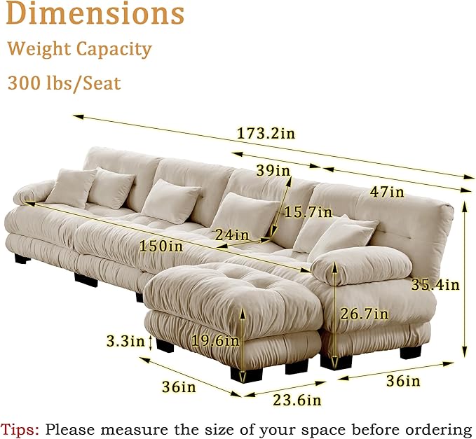 Modular Sectional Sofa 173.2 Cloud Couch L Shaped Couch with Movable Ottoman Modern Deep Seat Couches for Living Room Oversized 4-Seater Sofa Comfy Chenille Sofas for Bedroom Light Coffee