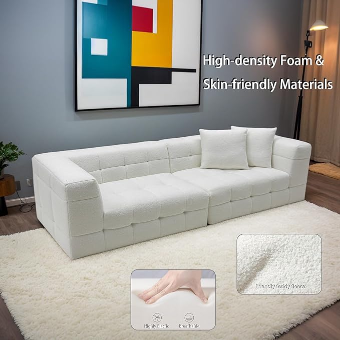 MEISIMAN 110”Modular Sectional Sofa Cloud Couch - Compressed Sofa Soft Teddy Fabric &amp Memory Foam Couch for Living Room No Assembly Required (White)