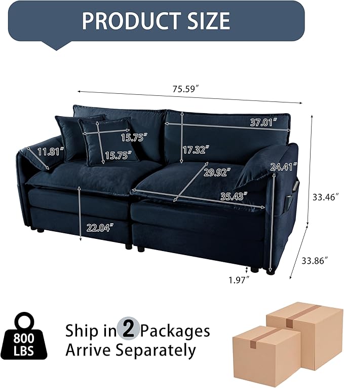 Oversized Chenille Loveseat Sofa 76” Comfy 2 Seater Couch with Deep Seat Modular Love Seat Couch for Living Room Bedroom Apartment Easy Assembly Small Cloud Couch Blue