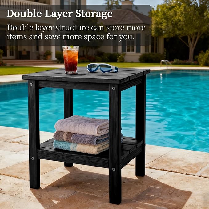 Outdoor Side TableDouble Layer Small Side TablesAll Weather Adirondack Side Table Waterproof Outdoor End Tables for PatioPoolPorch (Black)
