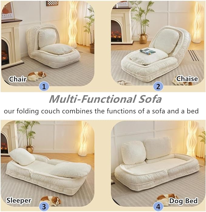 Foldable Lazy Sofa Bed Polyester Upholstered Human Dog Bed for Adults and Pets with 5 Adjustable Backrest Positions and 2 Soft Cushions for Living Room Bedroom Beige | Breathable Materials