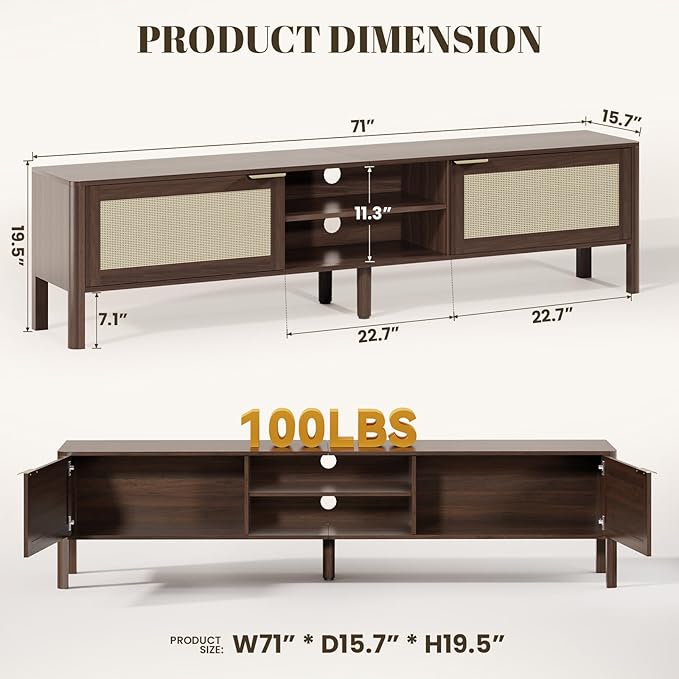 Rattan TV Stand for Living Room - Fits up to 80 Inch TVs Rattan Media Console Table with Adjustable Shelves &amp 2 Storage Cabinets Mid-Century Modern Entertainment Center Walnut 71
