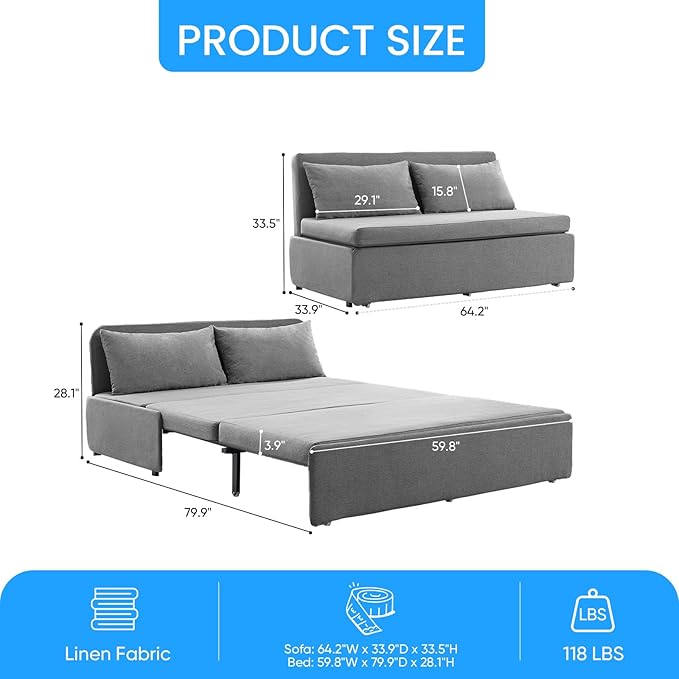 PUREMIND Queen Size Pull Out Sleeper Sofa Bed Linen Convertible Sofa Bed with Foldable Mattress Loveseat Couch Pull Out Bed with 2 Cushions for Small Place Apartment Office Light Grey