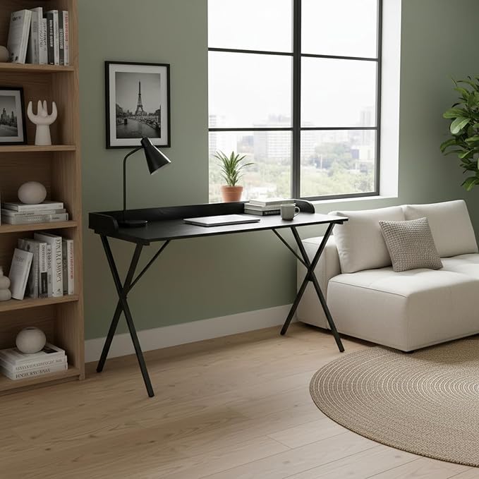 FurnitureR Home Office Writing Desk with Baffle 47.2 Computer Study Desk with X-Shaped Metal Legs Modern Laptop PC Table for Small Spaces Black