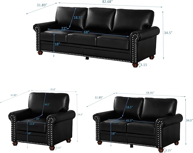 Harper &amp Bright Designs 3-Piece Sofa Sets with Storage Space &amp Wood Legs Sectional Living Room Sets Faux Leather Couches Sets with 3-Seat Sofa Loveseat and Sofa Chair for Living Room (Black)