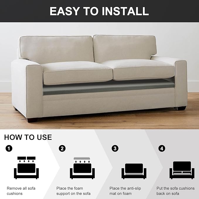 HAVARGO Couch Cushion Support High Density Foam 24X24X2.4 Inches Sofa Couch Supports for Sagging Cushions Light Grey 2Pc with Anti Slip Mesh Fabric