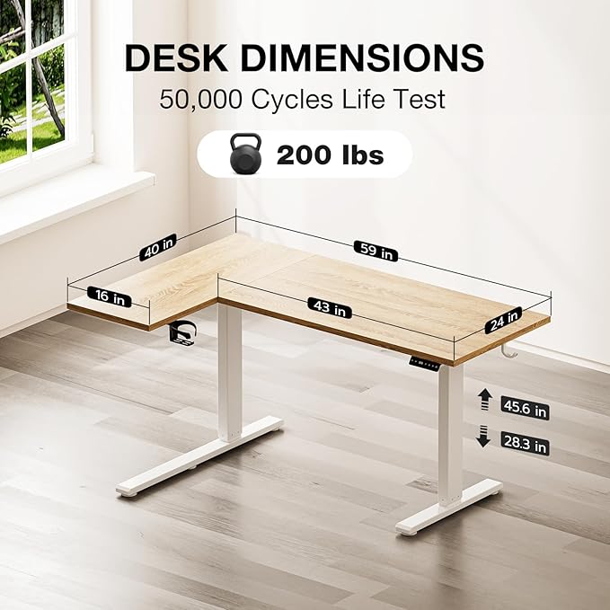 Muvai L Shaped Standing Desk with Cable Management Tray 59 Inch Height Adjustable Electric Standing Corner Desk Sit Stand Up Table for Home Office with Reversible Splice Board Light Rustic Brown