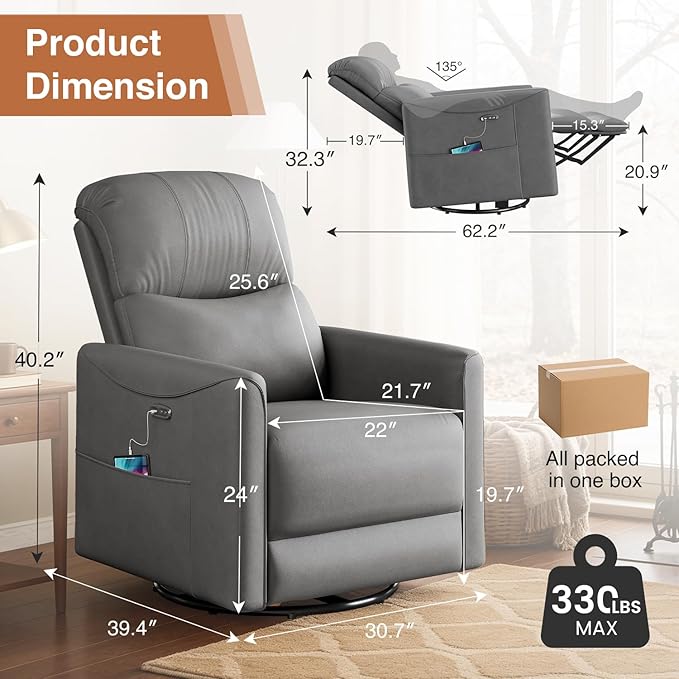 Kidirect Power Swivel Rocker Recliner 360° Swivel Recliner Chairs for Nursery Pu Leather Power Recliner Chair with USB Port and Side Pocket Electric Glider Rocking Chair for Living Room