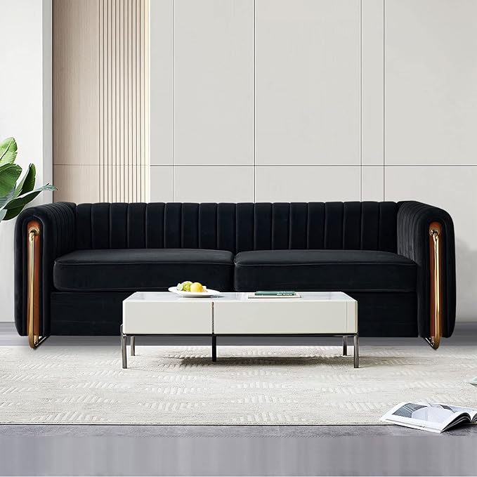 kevinplus 84.2'' Velvet Chesterfield Sofa Couch for Living Room Modern Luxury 3-Seat Upholstered Sofa Couch for Apartment Bedroom Dorm Office Strong Gold Metal Legs (Channel Backrest Black)