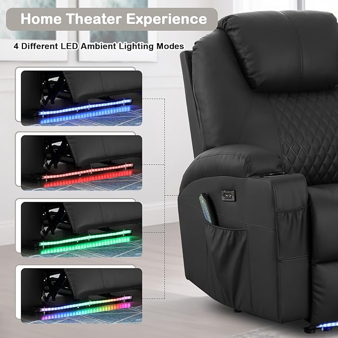 Power Recliner Chair with Heat and Massage for Adults - Home Theater Seating with LED LightsCup HoldersSide PocketUSB Port - Recliner Sofa for Living Room (Black Set of 2)
