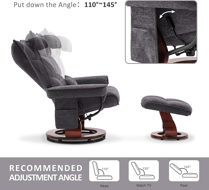 MCombo Swivel Recliner with Ottoman TV Chair Sets with Vibration Massage Ideal for Small Space Living Room &amp Bedroom 4188 (Grey)