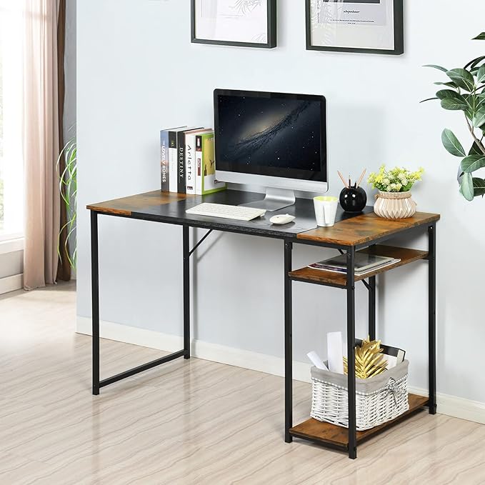 FurnitureR 47.2 inch Study Writing Table with Storage Shelves Space Saving for Home Office Modern Simple Style PC Metal Frame Computer Desk Black&ampBrown