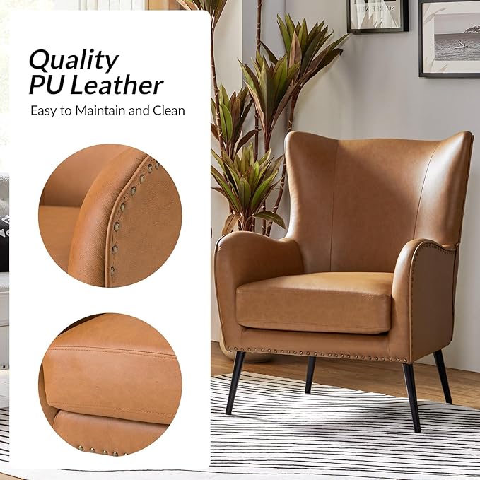 Upholstered Faux Leather Accent Chair with Black Metal Legs Comfy Armchair with Removable Cushion &amp Nailhead Trim Wingback Vanity Chair for Reading Living Room Bedroom