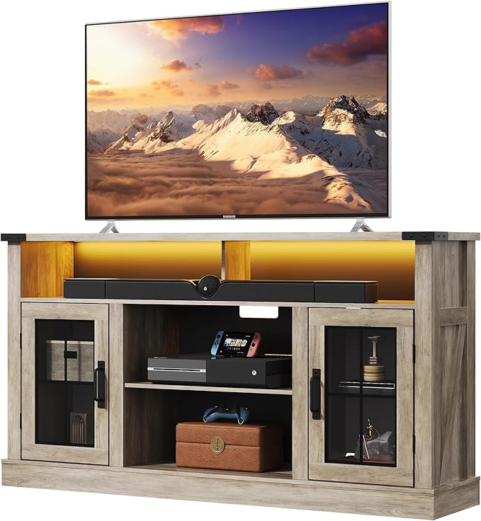WLIVE Farmhouse TV Stand for 65 Inch TV Tall Entertainment Center with LED Lights &amp Storage Cabinets TV Media Console Table with Adjustable Shelf for Living Room Bedroom Home Theater Gray Oak