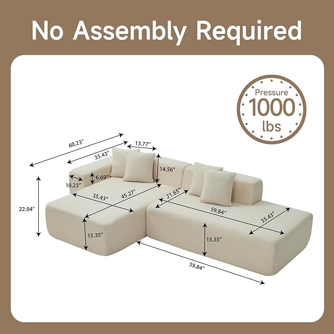 105.5 X 60.2'' L Shaped Sectional Sofa Sherpa Fabric L Shaped Couch 3 Seat Corner Sofa Modern Upholstered Couch with 4 Pillow Left Hand Lounge for Living Room Office