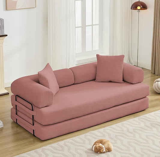 Convertible Folding Sofa Bed Modular Floor Sofa with Removable Backrest 3-Seater Fold Out Couch Bed with Pillows King Size Futon Lazy Couch Corduroy Sleeper for Living Room Dorm Dark Pink