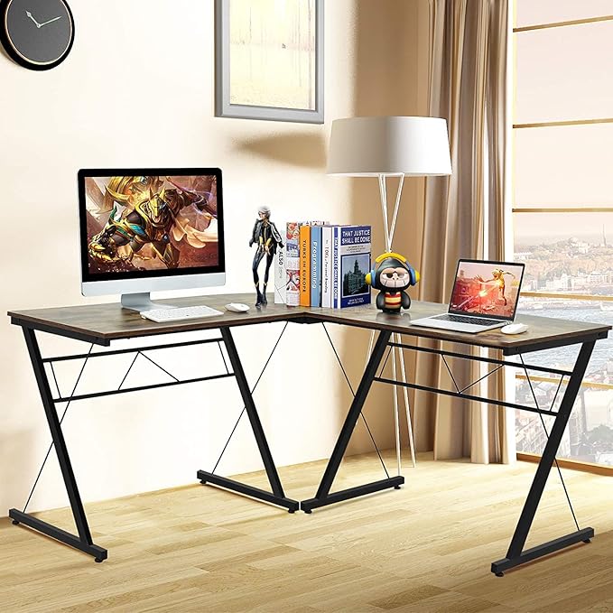 GRAFFY L-Shaped Computer Desk - Gaming Corner Workstation with Large Monitor Stand Round Corner Multifunctional Home Office Desk (Black)