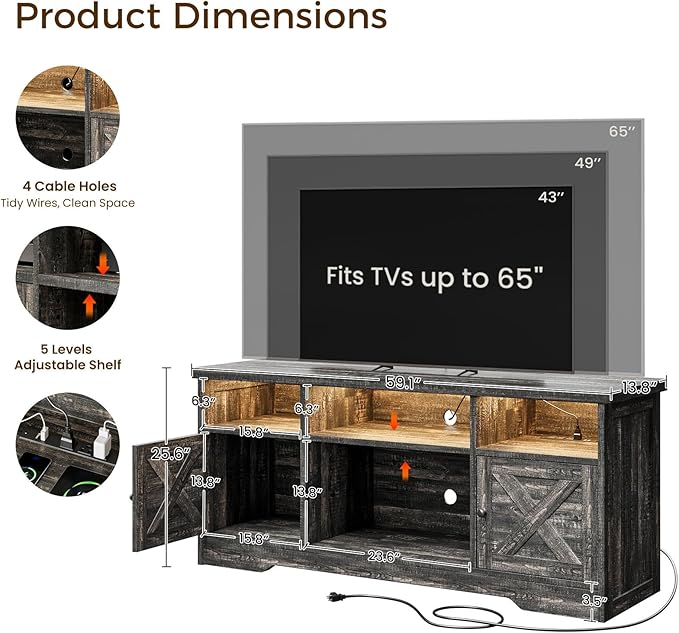 Casaottima TV Stand for 65 Inch TV Farmhouse Entertainment Center with Power Outlet &amp LED Light and Storage Cabinets Console Table and Media Furniture for Living Room Bedroom Dark Oak