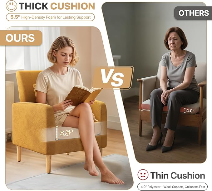 Magshion Mid-Century Accent Chair for Living Room Comfy Reading Chair for Bedroom Upholstered Linen Fabric Armchair Single Sofa with Back Pillow &amp Wood Legs 300 lbs Capacity Yellow