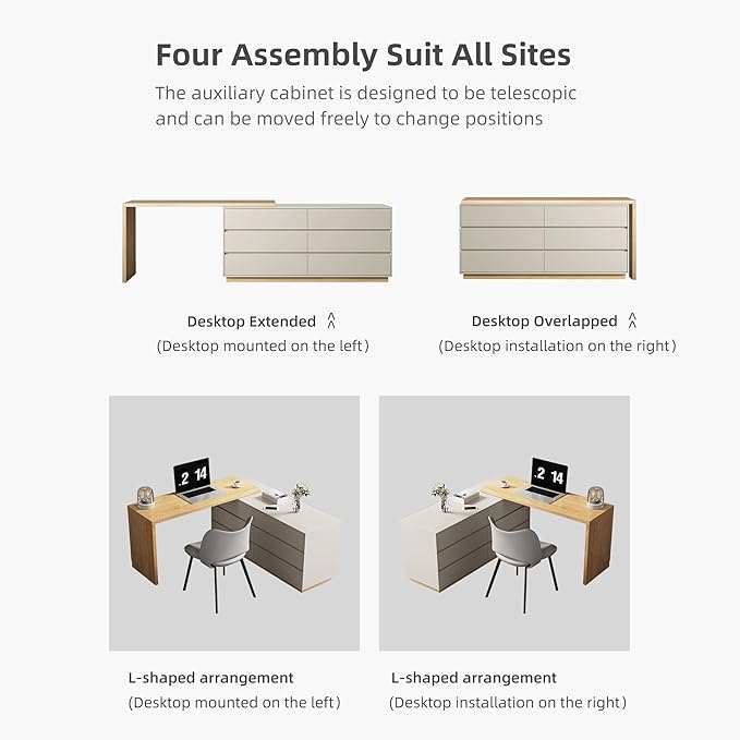 Modern Expandable L-Shaped Corner Vanity Desk with 6 Drawers Adjustable Computer Table for Home Office Study Writing Gaming and Bedroom Makeup Beige 56-98.5 ″
