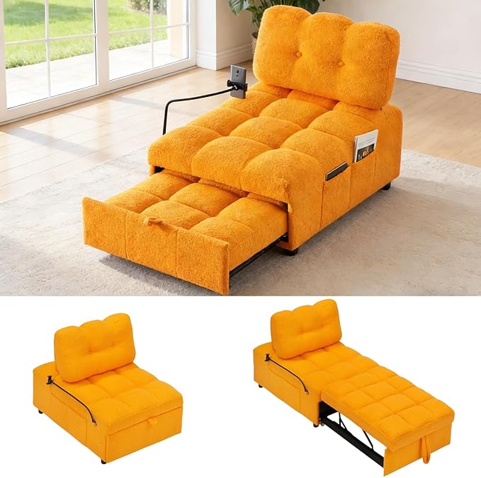 40 L Convertible Sofa Bed 3-in-1 Multifunctional Lounge SleeperPullout Guest Bed with Side Pocket &amp Phone Holder Adjustable Backrest | Design for Small Spaces Living Room &amp BedroomOrange