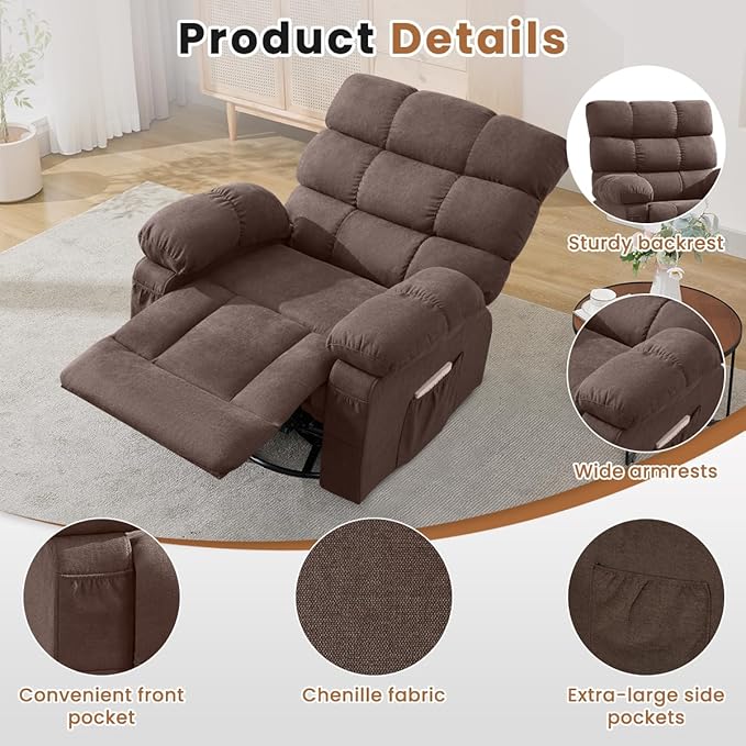 Swivel Rocker Recliner Chair for Adults 360° Upholstered Manual Recliners for Small Spaces Single Seat Glider Reclining Chair with Side Pockets Ergonomic Reading Chair for Living Room RV Bedroom