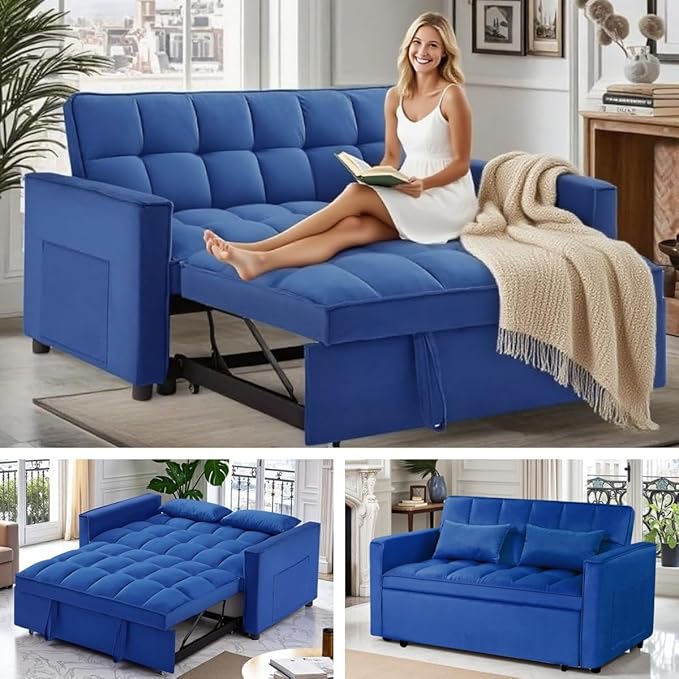 FONTOI 3 in 1 Sleeper Sofa Bed Futon Sofa Bed for Living Room with Side Pocket Blue Sleepers Sofas Couch with Pullout Beds Convertible Love Seat Sleepers couch for Living Room Bedroom Small Space