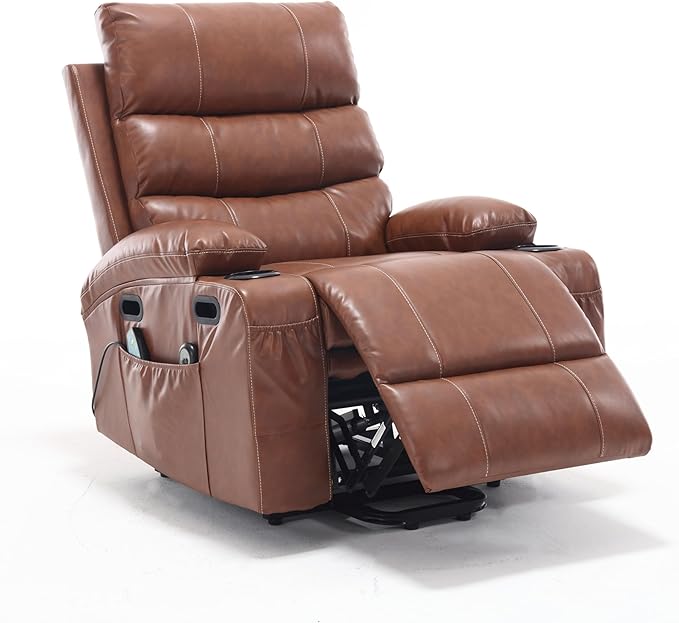 Faux Leather Electric Recliner Lift Chair with Massage and Heat for Elderly Adult Power Lift Recliners Chairs with Cupholders Side Pockets for Living Room Bedroom Lounge