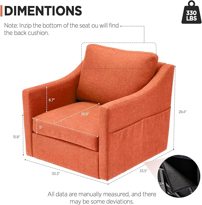 HOMREST 360° Swivel Accent Chair Single -Terracotta Orange Linen Fabric Armchair with Lumbar Pillow &amp Storage Pockets Ergonomic Barrel Chair for Living Room Office Bedroom