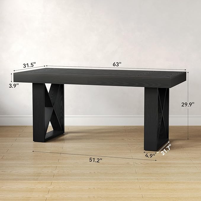 LITTLE TREE 63-Inch Long Computer Desk Simple Wood Thick Appearance Design Study Writing Gaming Work Executive Desk for Home Office Black