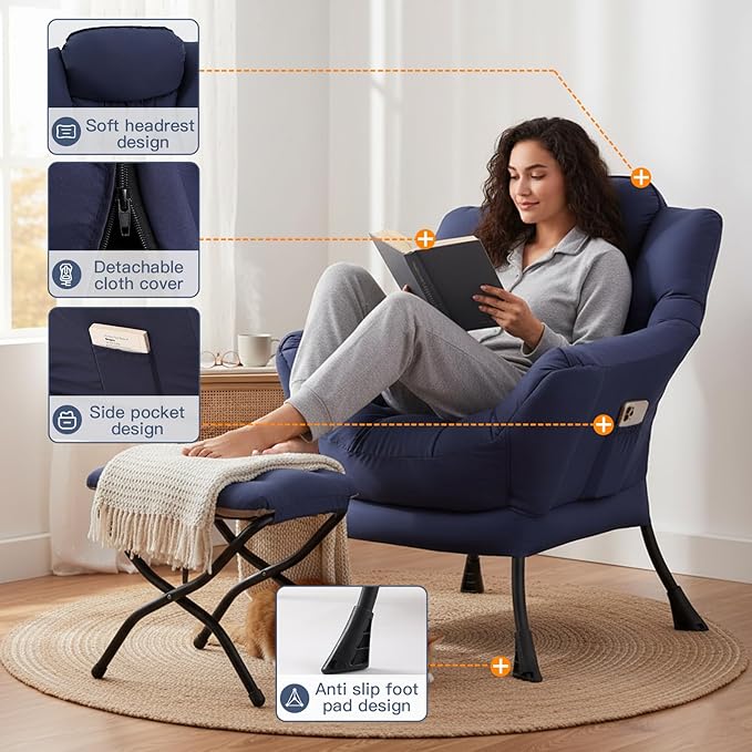 Lazy Chair with Ottoman Large Accent Chair with Ottoman and a Throw Pillow Navy Reading Chair for Living Room Bedroom Dorm Room Office Apartment Relaxing Use