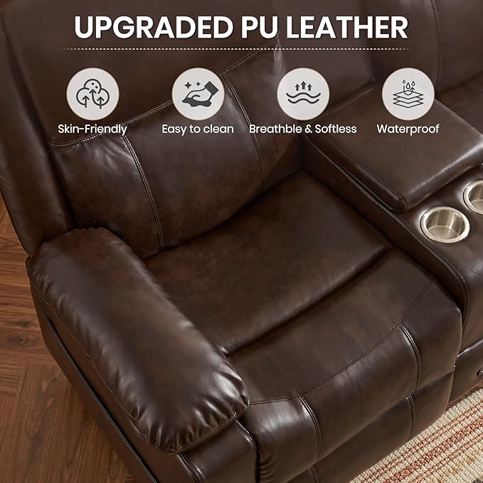 Reclining Loveseat Sofa with Massage &amp Heat Leather Recliner Couch with Side Pockets Extra Storage Cup Holders for Living Room RV