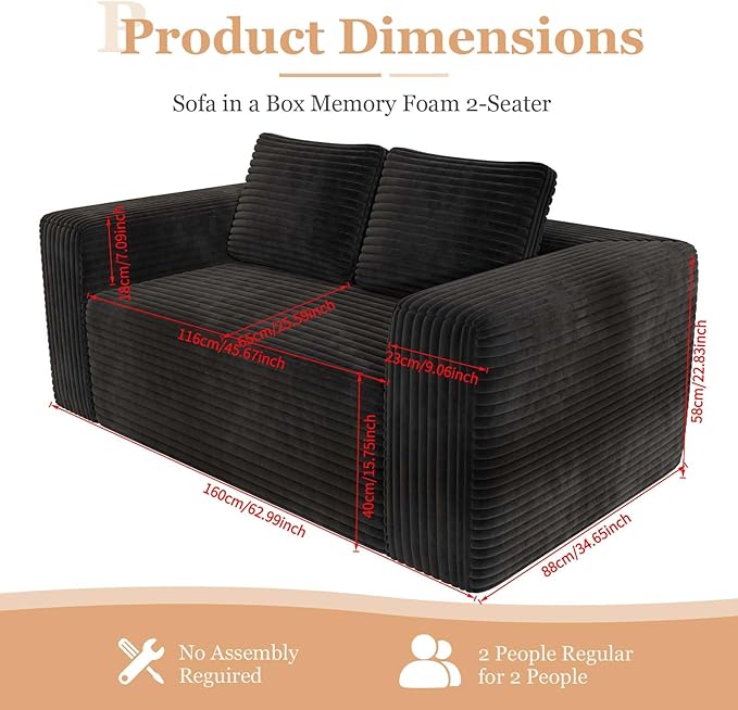 63 Black Boneless Couches for Living Room Compressed Sofa Couch in a Box Corduroy Memory Foam Floor Couch for Adults Memory Foam Deep Seat No Assembly Required (Black)