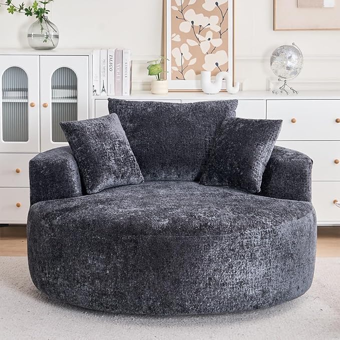 KEIKI Oversized 360 Degree Swivel Chair Large Barrel Chairs Upholstered Round Swivel Chair Chenille Single Sofa Armchair Sleeper Chair for Living Room Lounge Black