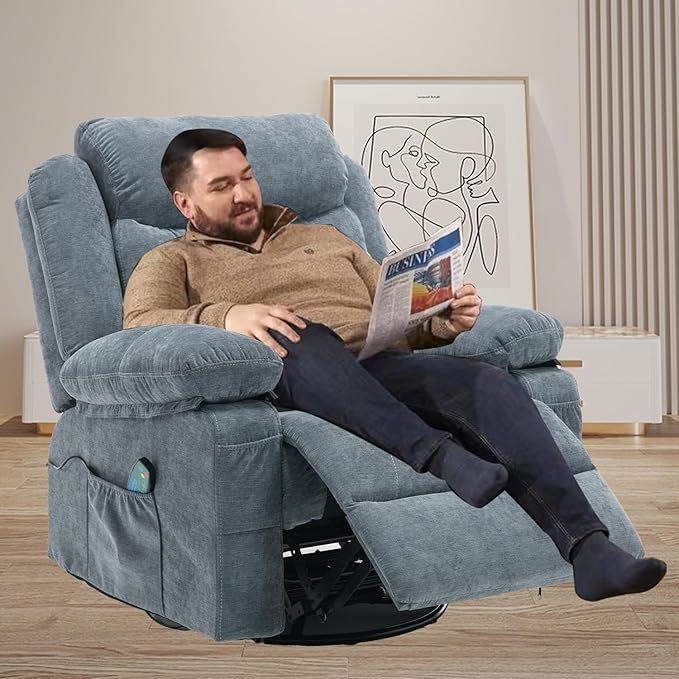 Swivel Rocker Recliner Chair Overstuffed Fabric Massage Recliner Chairs with Heat for Adults Oversized Reclining Sofa Manual Home Theater Rocking Recliner Lounge ChairsBlue
