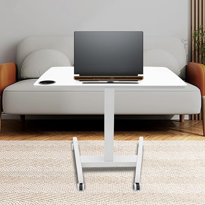 Adjustable Height Mobile Standing Desk with Wheels Pneumatic Lift Rolling Computer Table for Office Home Classroom White Iron Workstation w/Cup Holder &amp Pen Slot