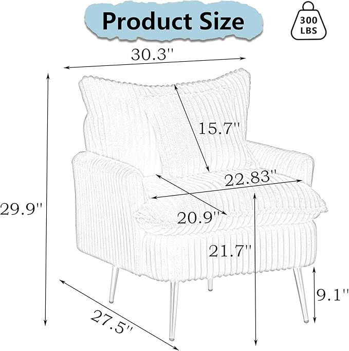 30 Beige Accent Chair Corduroy Accent Armchair with Soft Pillow &amp Gold Legs Comfy Upholstered Arm Chairs for Samll Space Living Room Bedroom 300 LBS Capacity (Beige)