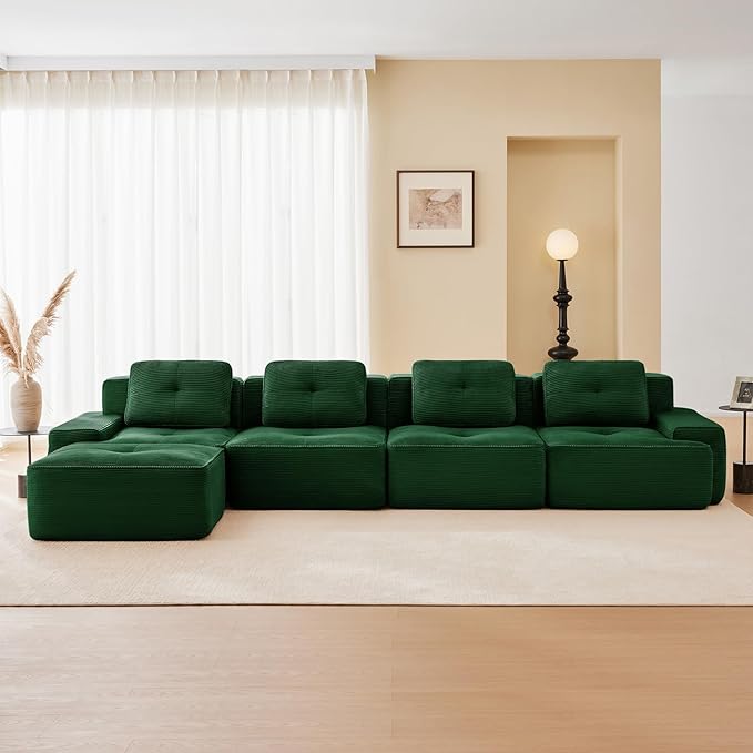 153 Modern Corduroy Cloud Sofa with Ottoman L Shaped Boneless Modular Large Sectional Couches for Living Room Green 4 Seater Compressed Memory Foam Couch Extra Deep Seat No Assembly