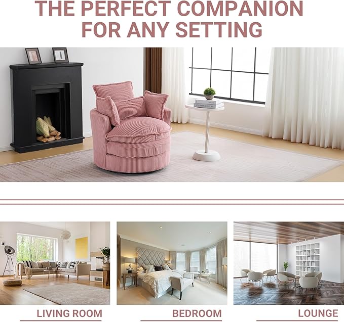 Karl home Swivel Barrel Chair-Corduroy360 Degree Modern Lounge Armchair ChairComfy Round Accent Single Sofa Chair with 3 Pillows for Living RoomBedroomLoungeHotelPink