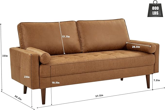 HIFIT 58 Loveseat Sofa Couch Mid Century Modern Faux Leather Couch with Hand-Sewn Deep Love Seat &amp 2Pillows Home Sofa Living Room Small Couches for Small SpaceBedroomOfficeSolid Wood FrameB